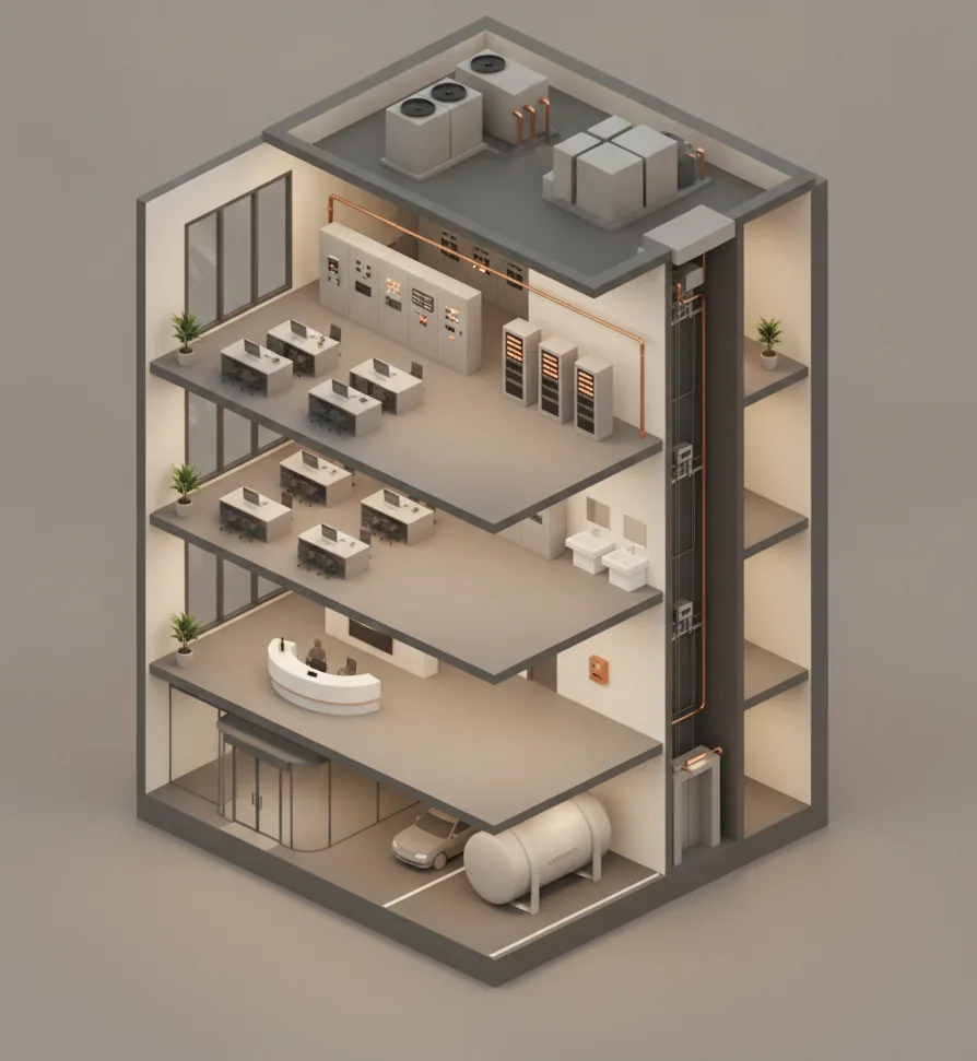 mapa isométrico de un edificio corporativo